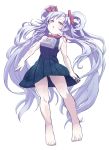  1girl bare_shoulders barefoot beatmania beatmania_iidx blue_hair dress highres long_hair looking_at_viewer pink_eyes shift_(waage) simple_background sleeveless sleeveless_dress solo very_long_hair white_background 