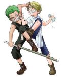  2boys apron blonde_hair child fight green_hair hair_over_one_eye male_focus multiple_boys one_piece roronoa_zoro sanji sash time_paradox younger 