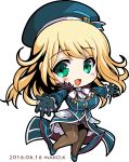  1girl 2016 artist_name atago_(kantai_collection) beret blonde_hair breasts chibi dated full_body gloves green_eyes green_gloves hat kantai_collection large_breasts long_hair makokb military military_uniform open_mouth pantyhose smile solo uniform 