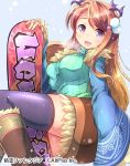  1girl :d black_legwear boots breasts brown_boots brown_hair copyright_request fur_trim green_sweater hair_ornament hairclip highres horns long_hair matsu_uni open_mouth pencil_skirt pink_eyes ribbed_sweater skirt smile snowboard solo sweater thigh-highs very_long_hair 