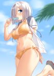  1girl arm_behind_back bikini blue_eyes blue_sky blush breasts collarbone eating groin hair_ornament hair_over_one_eye hairclip halter_top halterneck hamakaze_(kantai_collection) highres kantai_collection large_breasts looking_at_viewer mikazuchi_zeus navel one_leg_raised open_clothes open_shirt orange_bikini outdoors palm_tree popsicle red_ribbon ribbon sandals shirt short_hair short_sleeves silver_hair sketch sky solo standing standing_on_one_leg striped striped_bikini swimsuit tree white_shirt work_in_progress 
