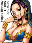  1girl armlet bare_shoulders black_hair bracelet breasts brown_eyes character_name cleavage dated dress earrings hand_on_own_cheek happy_birthday harem_outfit jewelry kiyu_(zuyu) large_breasts long_hair looking_at_viewer necklace nico_robin one_piece ring smile solo strapless strapless_dress upper_body veil 