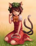 1girl ;d animal_ears barefoot bow bowtie brown_eyes brown_hair cat_ears cat_girl cat_tail chen dress error fang full_body hat head_wreath jewelry kneeling looking_at_viewer mob_cap multiple_tails nekomata one_eye_closed open_mouth paw_pose puffy_short_sleeves puffy_sleeves red_dress short_hair short_sleeves single_earring sleepingfox smile solo tail touhou two_tails yellow_bow yellow_bowtie 