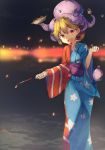  1girl adapted_costume american_flag animal animal_on_head bei_mochi blonde_hair clownpiece commentary_request fang food gensou_ningyou_enbu head_tilt highres holding japanese_clothes kimono long_sleeves looking_at_viewer night obi octopus open_mouth orange_eyes outdoors sash smile solo standing star striped takoyaki touhou water_balloon wide_sleeves yukata 