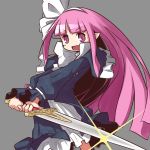  1girl bangs black_dress blunt_bangs disgaea dress grey_background guriko_(mossari) hair_ribbon hairband highres holding holding_weapon long_hair looking_at_viewer mage_(disgaea) open_mouth pointy_ears purple_hair ribbon simple_background smile solo standing sword violet_eyes weapon 