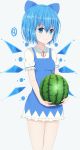  (9) 1girl absurdres blue_background blue_dress blue_eyes blue_hair cirno cowboy_shot dress food fruit hair_ribbon highres ice ice_wings looking_at_viewer nestea puffy_sleeves ribbon short_hair short_sleeves smile solo touhou watermelon wings 