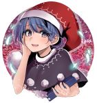  1girl :d asa_(coco) blue_hair blush book capelet doremy_sweet hand_on_own_cheek hat holding holding_book looking_at_viewer nightcap open_mouth parted_lips pelvic_curtain pom_pom_(clothes) short_hair smile solo touhou upper_body violet_eyes 