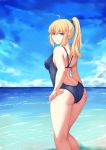  1girl ass beach blonde_hair blue_eyes competition_swimsuit fate/stay_night fate_(series) from_behind highres long_hair one-piece_swimsuit ponytail saber swimsuit wujia_xiaozi 