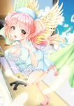  1girl angel angel_wings blush breasts cleavage dress frilled_dress frills green_eyes hat himawarino-tane large_breasts looking_at_viewer moe2016 nurse nurse_cap open_mouth open_window original pink_hair solo twintails wings 