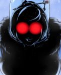  1girl batman_(series) beads blue_background breasts dc_comics fur_trim glowing glowing_eyes grin hair_ornament hair_stick hairpin highres large_breasts mei_(overwatch) mr._freeze overwatch parody randomboobguy red_eyes shadow smile snowflakes solo 