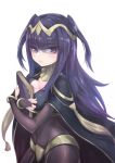  1girl bangs black_hair blunt_bangs bodysuit book bracelet breast_press breasts bridal_gauntlets cape cleavage closed_mouth fire_emblem fire_emblem:_kakusei frown hair_ornament jewelry long_hair looking_at_viewer medama_hike see-through solo tharja tiara two_side_up violet_eyes white_background 