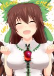  1girl blush bow breasts brown_hair cape english hair_bow happy jogie_(artist) large_breasts long_hair reiuji_utsuho smile solo third_eye touhou unyu wings 