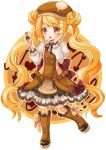  1girl blonde_hair boots brown_boots brown_dress brown_eyes butter double_bun dress fork frills full_body highres kneehighs long_hair makokb morinaga_(brand) open_mouth original pancake ribbon smile solo standing standing_on_one_leg striped striped_legwear twintails very_long_hair 