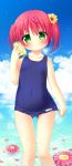  1girl clouds covered_navel flower green_eyes hair_flower hair_ornament highres long_hair natsuka_(unagi-unagi-unagi) original outdoors redhead school_swimsuit sky smile soda_can solo swimsuit swimsuit_pull thigh_gap twintails water 