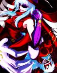 2girls arachnemon belt breasts demon_girl digimon digimon_(creature) digimon_adventure_02 dress dual_persona earrings eno456 gloves grin horns jewelry lipstick long_hair looking_at_viewer makeup monster_girl multiple_girls open_mouth oversize_forearms red_dress red_eyes silver_hair smile spider sunglasses teeth 