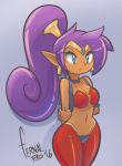  1girl arms_behind_back artist_name blue_eyes blush_stickers breasts choker cleavage dark_skin earrings eyelashes fernal-red holding_arm jewelry long_hair navel pointy_ears ponytail purple_hair shantae shantae_(character) shantae_(series) simple_background solo tiara very_long_hair vest 