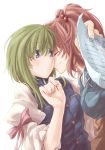  2girls blue_eyes green_hair kiss kitsune_maru multiple_girls onozuka_komachi redhead ribbon shiki_eiki touhou yuri 