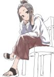  1girl absurdres bright_pupils brown_eyes chair chin_rest eyebrows feet female forehead from_below full_body hair_bun hand_on_own_cheek hand_on_own_knee highres hood hoodie looking_at_viewer looking_down monochrome_background partially_colored sandals sitting skirt smile solo toes white_background yamamoto_souichirou 