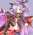  1girl black_legwear boots closed_mouth granblue_fantasy hair_over_one_eye harbin nio_(granblue_fantasy) outstretched_arm pointy_ears purple_background shouni_(sato3) simple_background smile solo star thigh-highs thigh_boots yellow_eyes 