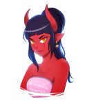  1girl bare_shoulders black_hair borrowed_character breasts demon_girl earrings female highres horns jewelry lips long_hair looking_at_viewer neck orange_eyes original ponytail red_skin simple_background smile solo strapless superboin synth_(iahfy) upper_body white_background yellow_eyes 