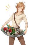  1boy apple bangs blonde_hair blush closed_eyes eyebrows eyebrows_visible_through_hair fish food fruit grin highres link male_focus mushroom pointy_ears ponytail ruebird smile solo spring_onion star swept_bangs the_legend_of_zelda the_legend_of_zelda:_breath_of_the_wild thick_eyebrows vegetable white_background 
