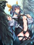  1girl asymmetrical_wings blue_hair breasts cleavage dizzy guilty_gear highres long_hair looking_at_viewer red_eyes ribbon solo tail tail_ribbon toshi under_boob wings 