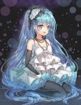  1girl aqua_eyes aqua_hair black_gloves borrowed_design dress elbow_gloves flower gloves hair_flower hair_ornament hatsune_miku highres long_hair open_mouth pantyhose rose sitting solo strapless strapless_dress twintails very_long_hair vocaloid wataru_kuri white_dress white_rose 