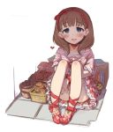  1girl 7010 ankle_ribbon bare_legs blue_eyes blush book breasts brown_hair collar hairband heart idolmaster idolmaster_cinderella_girls looking_at_viewer mushroom open_mouth ribbon sakuma_mayu short_hair simple_background sitting skirt small_breasts smile solo white_background wrist_ribbon 