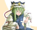  1girl asymmetrical_hair book can closed_eyes energy_drink green_hair hat kitsune_maru leaning_on_object long_sleeves monster_energy open_mouth puffy_long_sleeves puffy_sleeves shiki_eiki sitting solo touhou 