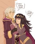  1boy 1girl against_wall ash_cancio black_hair english fire_emblem fire_emblem:_kakusei my_unit_(fire_emblem:_kakusei) nail_polish nintendo speech_bubble tharja tiara white_hair 