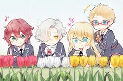  4boys blonde_hair blue_eyes chin_rest fangs flower glasses gokotai gokotai&#039;s_tigers green_eyes hakata_toushirou heart kurosuke_(hipparu) male_focus midare_toushirou military military_uniform multiple_boys musical_note necktie open_mouth red-framed_glasses redhead shinano_toushirou shorts smile tiger tiger_cub touken_ranbu tulip uniform white_hair white_tiger yawning yellow_eyes 