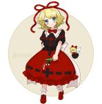  1girl blonde_hair blue_eyes blush bow cross_print dual_persona flower full_body hair_bow hair_ribbon looking_at_viewer medicine_melancholy minigirl plant ponytail red_shoes ribbon shirt shoes skirt smile socks su-san tori_(otori) touhou twitter_username white_legwear wings 