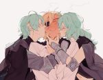 1girl 2boys :&gt; armor bisexual_(male) blonde_hair blush byleth_(fire_emblem) byleth_eisner_(female) byleth_eisner_(male) cheek_kiss closed_eyes dimitri_alexandre_blaiddyd double_cheek_kiss embarrassed eyepatch fire_emblem fire_emblem:_three_houses full-face_blush green_hair hand_on_another&#039;s_chin hetero kiss multiple_boys sandwiched upper_body worvies yaoi