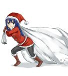  1girl black_pants blue_hair blush boots carrying carrying_over_shoulder coat dragging fairy_tail gloves hair_between_eyes hat leggings legs long_hair long_sleeves looking_at_viewer mashima_hiro official_art pants santa_costume santa_hat simple_background skirt smile solo sweat thighs wendy_marvell white_background 