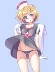  1girl :q arm_behind_back backpack bag bangs black_panties black_shirt blonde_hair blue_background blush collarbone copyright_request gloves gluteal_fold groin hairband head_tilt navel panties shirt short_sleeves shouni_(sato3) simple_background solo swept_bangs tongue tongue_out underwear violet_eyes white_gloves 