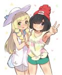  2girls :d ;) bag bangs bare_arms beanie blonde_hair blunt_bangs braid collared_dress dress female_protagonist_(pokemon_sm) green_eyes green_shorts handbag hat heart lillie_(pokemon) long_hair multiple_girls one_eye_closed open_mouth pokemon pokemon_(game) pokemon_sm shirt shorts simple_background sleeveless sleeveless_dress smile sun_hat sundress tied_shirt twin_braids v white_background white_dress white_hat yellow_shirt 