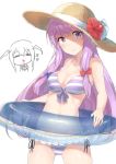  1girl absurdres bikini blush chibi_inset emushake flower hair_ribbon hat hat_flower hat_ribbon highres innertube koakuma long_hair looking_at_viewer midriff navel patchouli_knowledge purple_hair ribbon see-through simple_background straw_hat striped striped_bikini sweat swimsuit touhou tress_ribbon violet_eyes white_background 