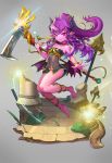  1girl bangs bare_shoulders barefoot chains collarbone dragon_girl dress earrings eyebrows eyebrows_visible_through_hair full_body grey_background highres holding holding_weapon horns jewelry kisina long_hair looking_at_viewer original pink_skin pointy_ears purple_hair red_eyes scythe simple_background smile solo weapon wings 