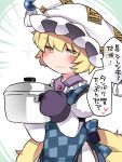  1girl :3 animal_ears blonde_hair checkered_apron commentary_request fox_ears fox_tail hammer_(sunset_beach) hat looking_at_viewer multiple_tails oven_mitts pot short_hair smirk solo tail touhou translation_request yakumo_ran yellow_eyes 
