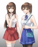  2girls :d adapted_costume akagi_(kantai_collection) armpits asymmetrical_hair bag bare_shoulders blue_skirt blush bra breasts brown_hair casual closed_mouth collared_shirt cowboy_shot expressionless eyebrows eyebrows_visible_through_hair female fukuroumori hand_holding hand_on_own_chest handbag kaga_(kantai_collection) kantai_collection large_breasts long_hair looking_at_viewer multiple_girls neck open_mouth over_shoulder panties pantyhose pleated_skirt red_skirt see-through shiny shiny_skin shirt short_hair side_ponytail skirt sleeveless sleeveless_shirt smile standing thigh-highs underwear white_legwear white_shirt wing_collar yellow_eyes zettai_ryouiki 