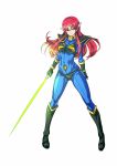  1girl armor black_boots black_gloves bodysuit boots covered_navel energy_sword fujisawa_takashi full_body gloves highres iczer-2 iczer_(series) knee_boots long_hair looking_at_viewer pointy_ears redhead shoulder_pads smile solo standing sword tatakae!!_iczer-1 weapon white_background yellow_eyes 