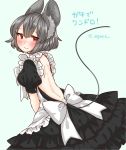 1girl animal_ears apron back black_dress blush dress egret frills grey_hair highres mouse mouse_ears mouse_tail nazrin open-back_dress puffy_short_sleeves puffy_sleeves red_eyes short_sleeves simple_background solo tail touhou 