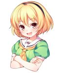  1girl :d blonde_hair crossed_arms fang green_shirt head_tilt higurashi_no_naku_koro_ni houjou_satoko looking_at_viewer neckerchief open_mouth puffy_short_sleeves puffy_sleeves red_eyes sailor_collar shirt short_hair short_sleeves shouni_(sato3) simple_background smile solo upper_body white_background 