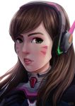  1girl artist_name bangs bodysuit brown_eyes brown_hair chromatic_aberration d.va_(overwatch) eyebrows eyelashes facial_mark headphones highres light_smile lips long_hair looking_at_viewer overwatch parted_lips pilot_suit portrait raypier signature simple_background smile solo swept_bangs whisker_markings white_background 