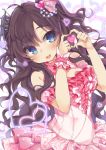  1girl :3 blue_eyes blush breasts brown_hair cleavage detached_sleeves dress hair_ornament heart heart_hands hym9594 ichinose_shiki idolmaster idolmaster_cinderella_girls long_hair looking_at_viewer open_mouth pink_dress smile solo twintails wrist_cuffs 