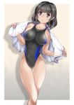  1girl bangs bare_shoulders black_eyes black_hair blunt_bangs blush breasts collarbone competition_swimsuit highleg highres large_breasts looking_at_viewer mashinatsu one-piece_swimsuit original short_hair simple_background solo standing swimsuit thigh_gap towel 