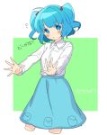  1girl :o alternate_costume blue_eyes blue_hair blush blush_stickers collar collared_shirt cropped_legs dress_shirt flying_sweatdrops frilled_collar frilled_shirt_collar frills hair_bobbles hair_ornament hat kawashiro_nitori long_sleeves looking_at_viewer no_hat no_headwear open_mouth outstretched_arms palms pocket shirt short_hair skirt solo tori_(otori) touhou twintails twitter_username two_side_up white_shirt 