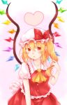  1girl :o ascot blonde_hair blouse blush collarbone flandre_scarlet hair_twirling hat hat_ribbon heart highres looking_at_viewer mob_cap puffy_short_sleeves puffy_sleeves red_eyes red_ribbon red_skirt ribbon short_sleeves side_ponytail simple_background skirt skirt_set solo touhou umino_(anesthesia) vest wings 