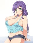  1girl bare_shoulders breasts camisole cleavage collarbone green_eyes groin large_breasts lips long_hair looking_at_viewer love_live!_school_idol_project midriff moisture_(chichi) navel no_bra plump purple_hair short_shorts shorts simple_background solo sweat thick_thighs thighs toujou_nozomi 