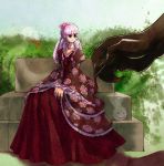  1girl alternate_costume black_eyes dress drill_hair eyelashes floral_print flower ghost giant hair_flower hair_ornament jewelry long_dress long_hair looking_to_the_side necklace one_piece perona pink_hair quad_drills red_dress sitting smile solo_focus yangpuppy 